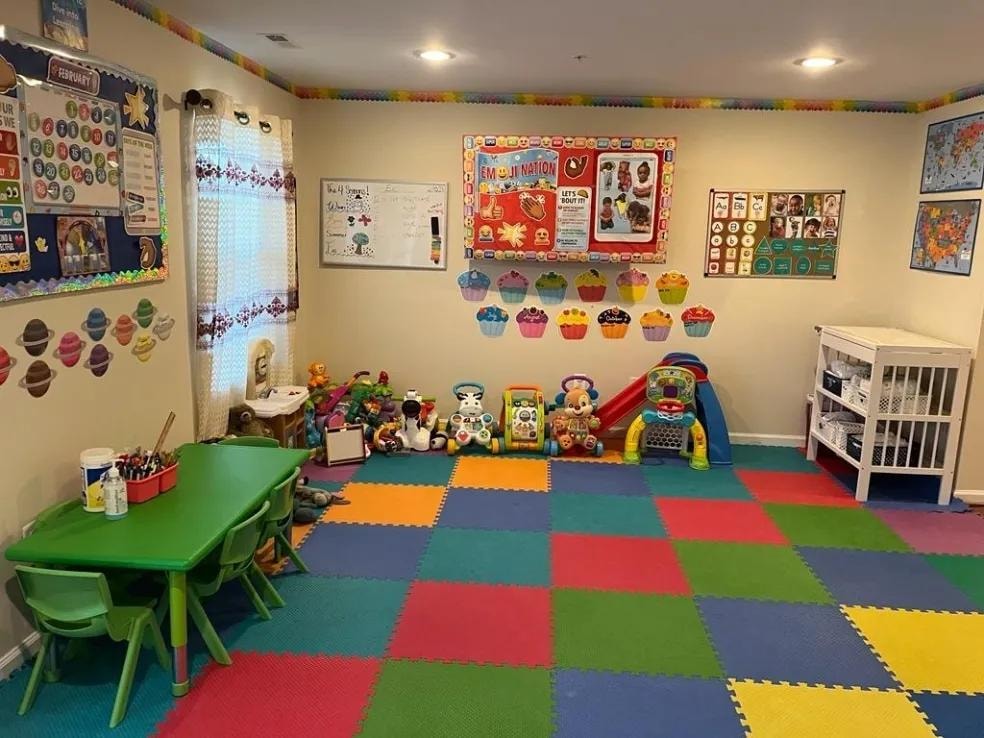 Colorful classroom with learning displays and activity mats