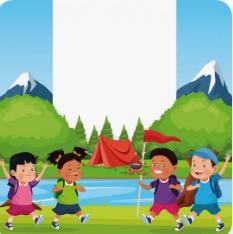 Children playing soccer outdoors near a campsite