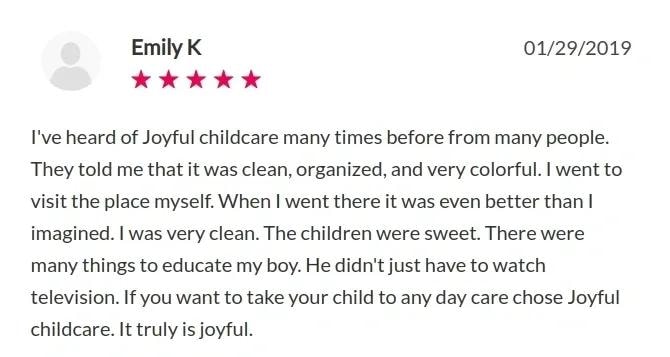 Five-star review from Emily K dated January 29, 2019